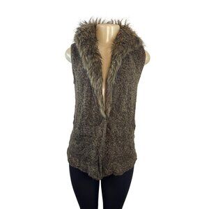 Linda Matthews Faux Fur Trim Sweater Vest Brown Sleeveless Soft Knit Womens Sz S